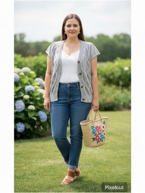 ANDREE BY UNIT 1X Light Gray Knit Short-Sleeve Cardigan/vest